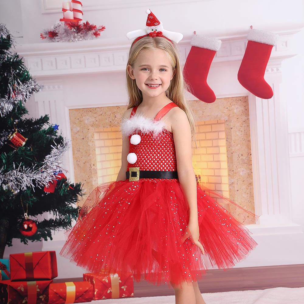 欧美热销圣诞节红色网纱裙儿童圣诞精灵舞蹈演出服亮片蓬蓬公主裙