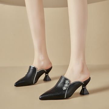 优雅女鞋夏季新款鞋子尖头异形跟高跟鞋花朵烫钻包头后空凉拖鞋女