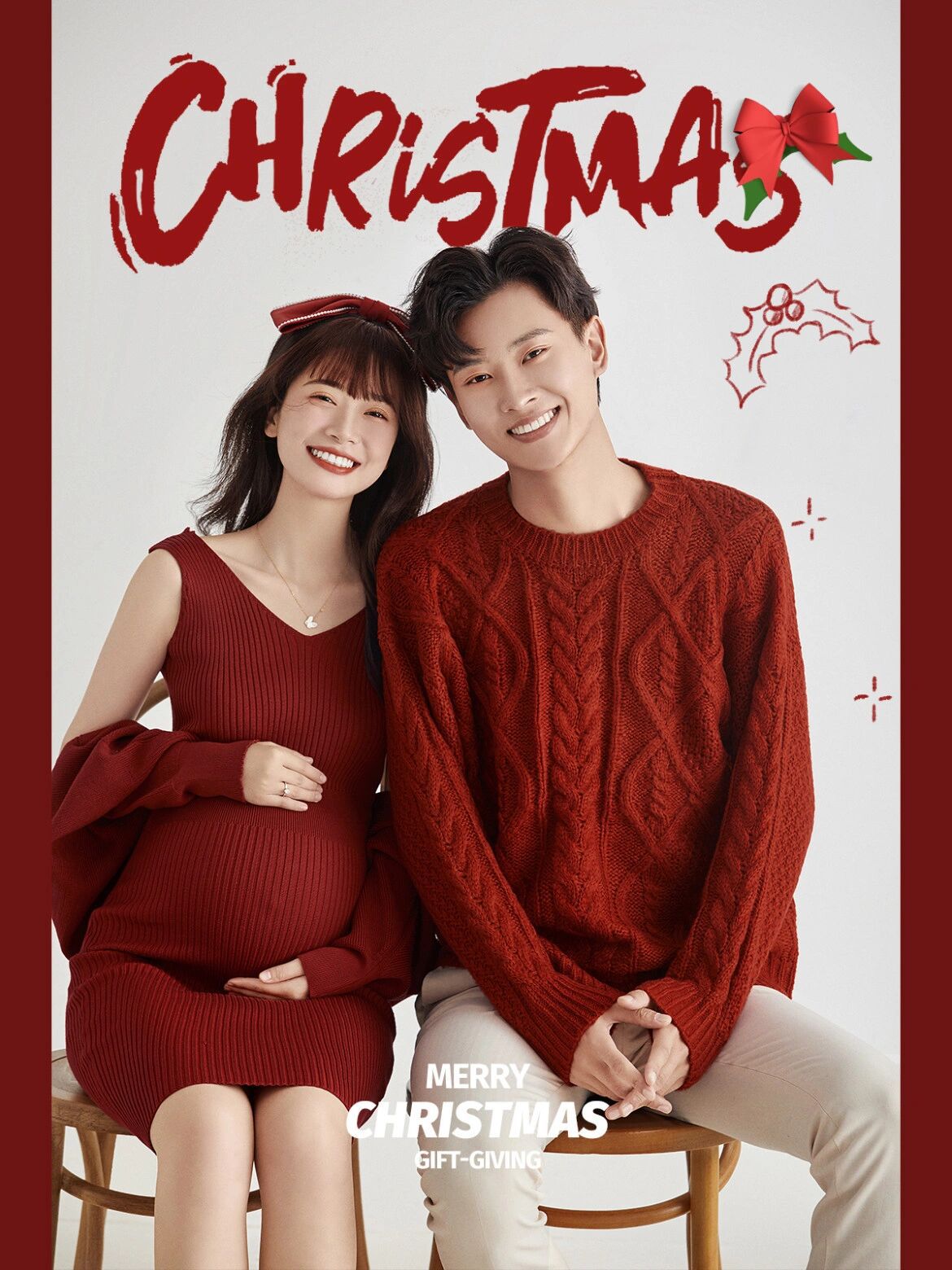 新款情侣孕妇照服装影楼红色新年主题唯美孕妈咪大肚照写真艺术照