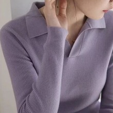 香芋紫色Polo领针织衫女法式别致上衣秋冬新款修身打底衫休闲毛衣