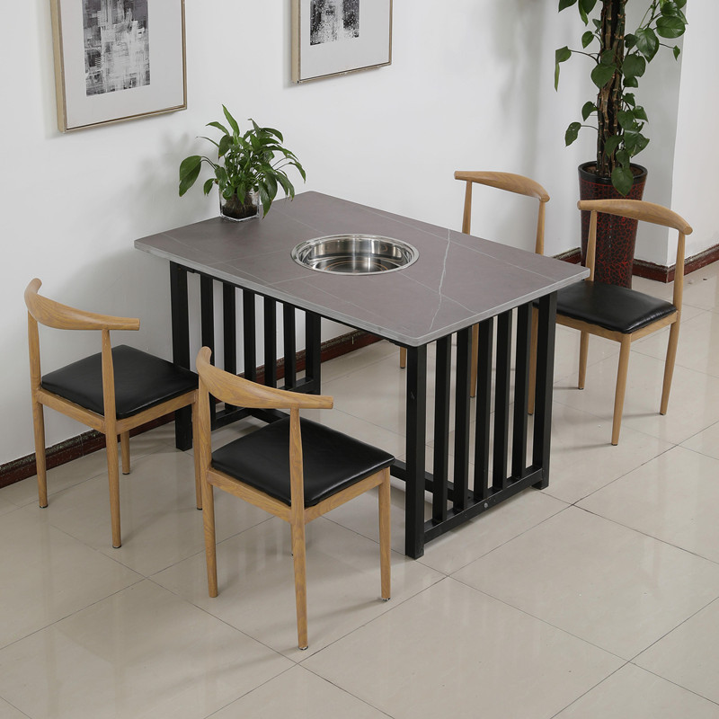 一体餐馆大理石烧烤火锅店圆桌椅组合商用批发不锈钢韩式烤肉桌商用