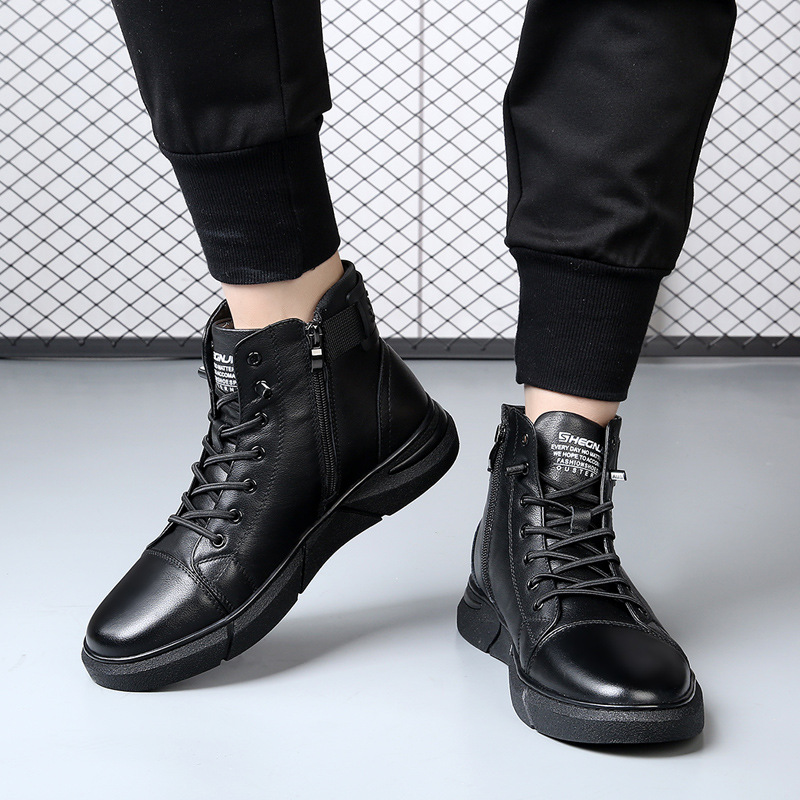 高帮牛皮男士皮靴秋冬保暖男鞋绅士棉鞋黑色皮鞋加绒休闲靴子新款