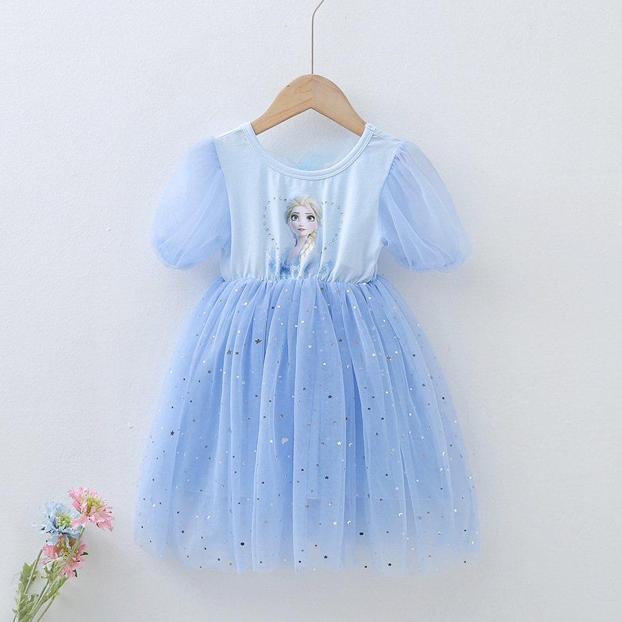 女童卡通图案网纱连衣裙2022夏季儿童短袖公主裙宝宝洋气裙子跨境