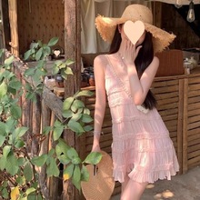 海南三亚海边度假超仙沙滩裙女夏旅游拍照百褶短裙粉色吊带连衣裙