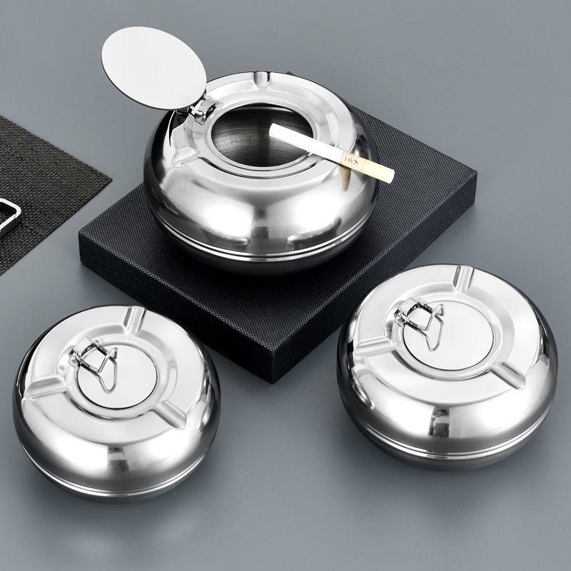 无烟烟灰缸买一送一带盖防风不锈钢家用酒店创意个性防摔灭烟缸