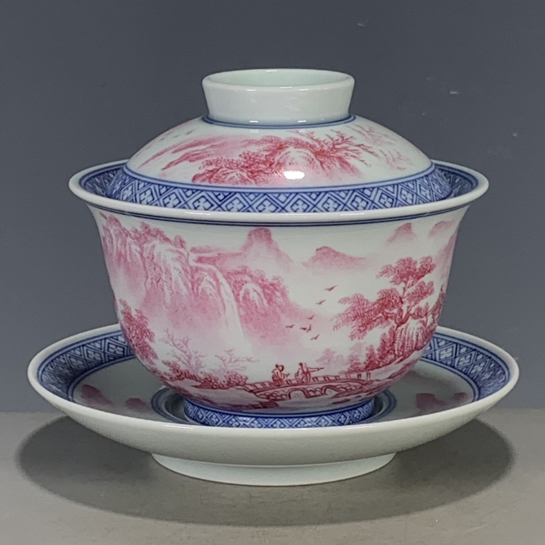 古玩民国大师汪小亭胭脂红重工山水盖碗茶具摆件-阿里巴巴