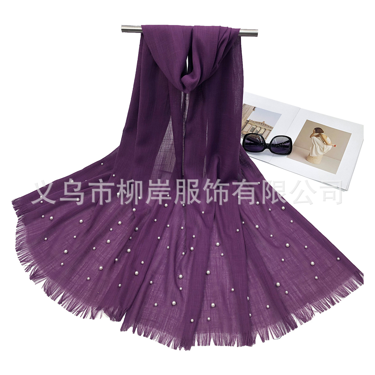 New Europe and America Cross Border for Elegant Pure Color Slub Cotton Pearl Scarf Shawl Factory Wholesale