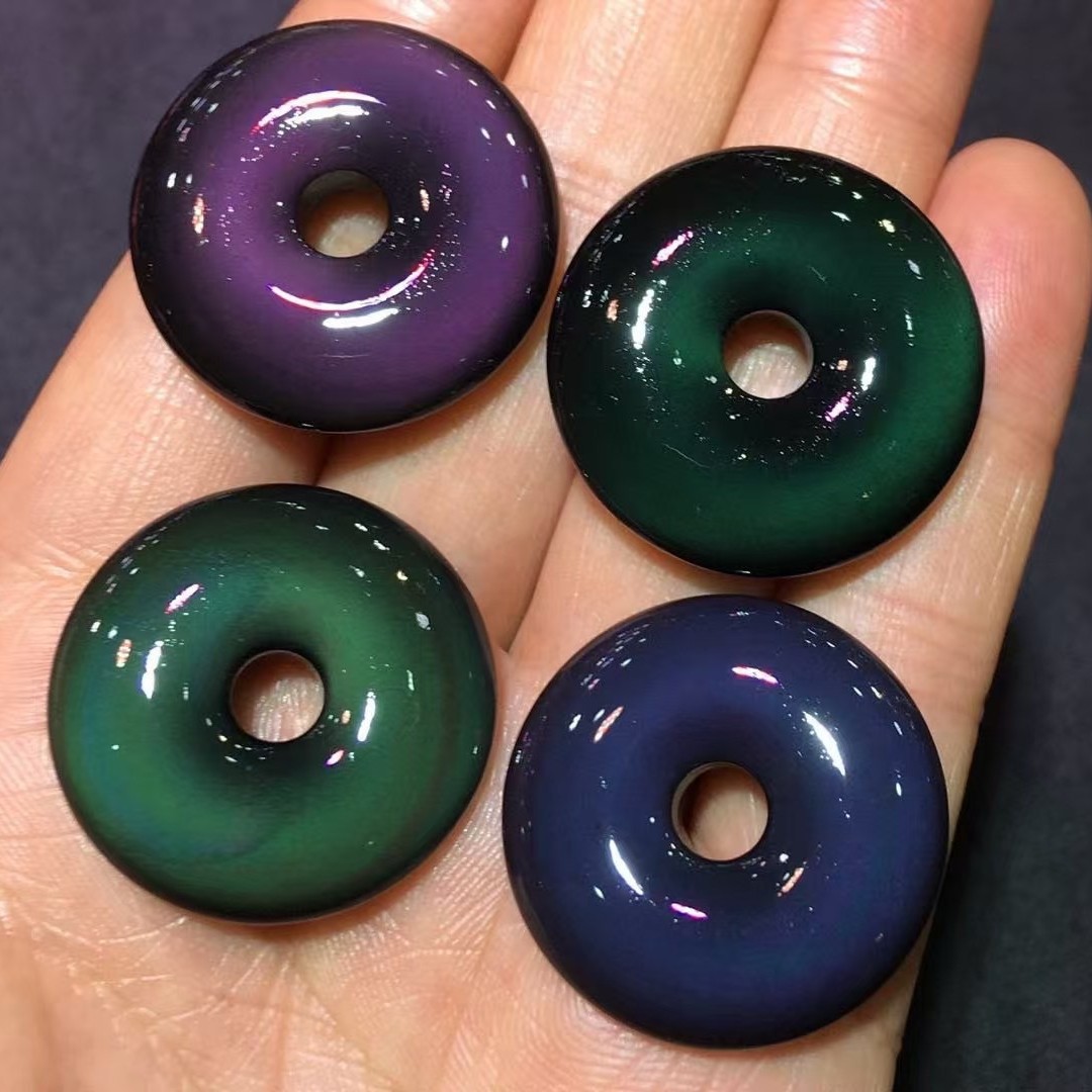 天然墨西哥炫彩黑曜石复古平安扣吊坠油润彩亮