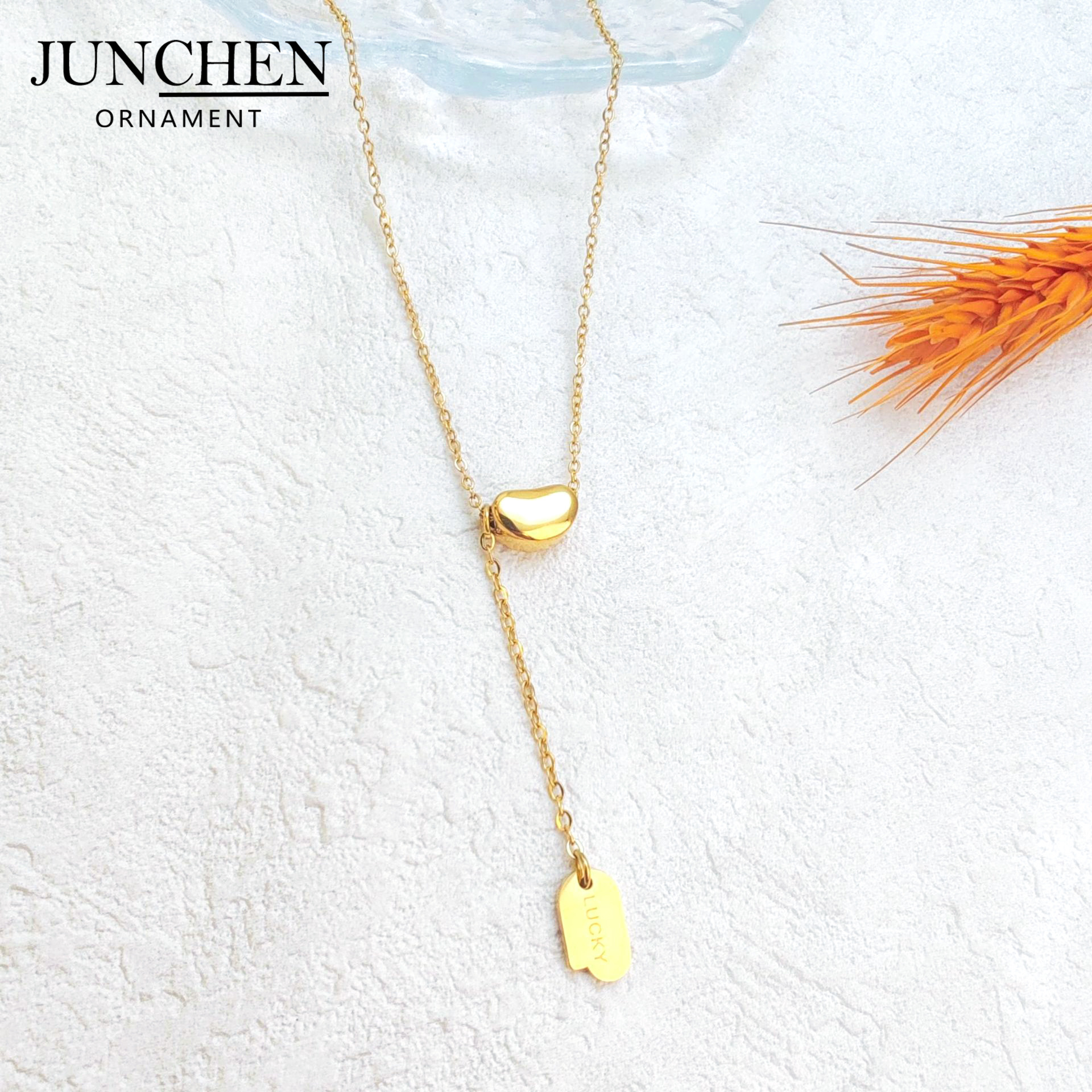 钛钢金豆项链女轻奢流苏luck牌吊坠小众设计18k金幸运豆网红项饰