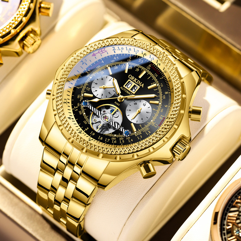 欧绮娜金色陀飞轮大表盘全自动机械手表外贸跨境wish爆款厂家直销