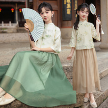 2024夏季新款女童套装夏装中国风洋气新中式盘扣绣花汉服网纱裙套