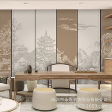 定制壁画中式意境拼色线描阁楼电视沙发背景墙壁布厅餐厅茶室墙壁