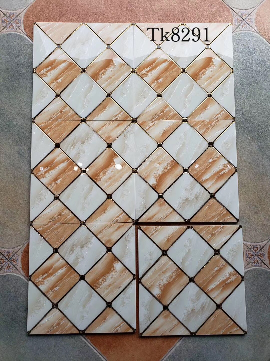 欧式镶金边菱形格子抛晶砖300x300厨卫阳台防滑地砖 镀金背景墙砖