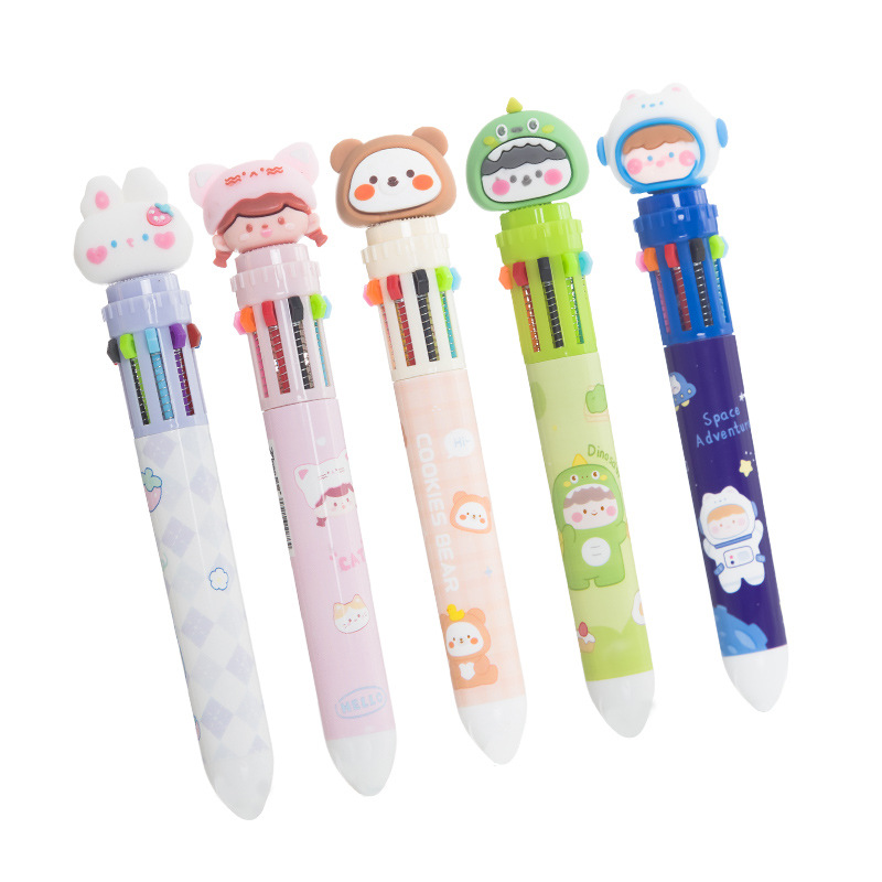 Ten-Color Ballpoint Pen Cartoon Cute Multi-Color Ballpoint Pen Press-Type Color Multifunctional Pen Multi-Color in One Gel Pen