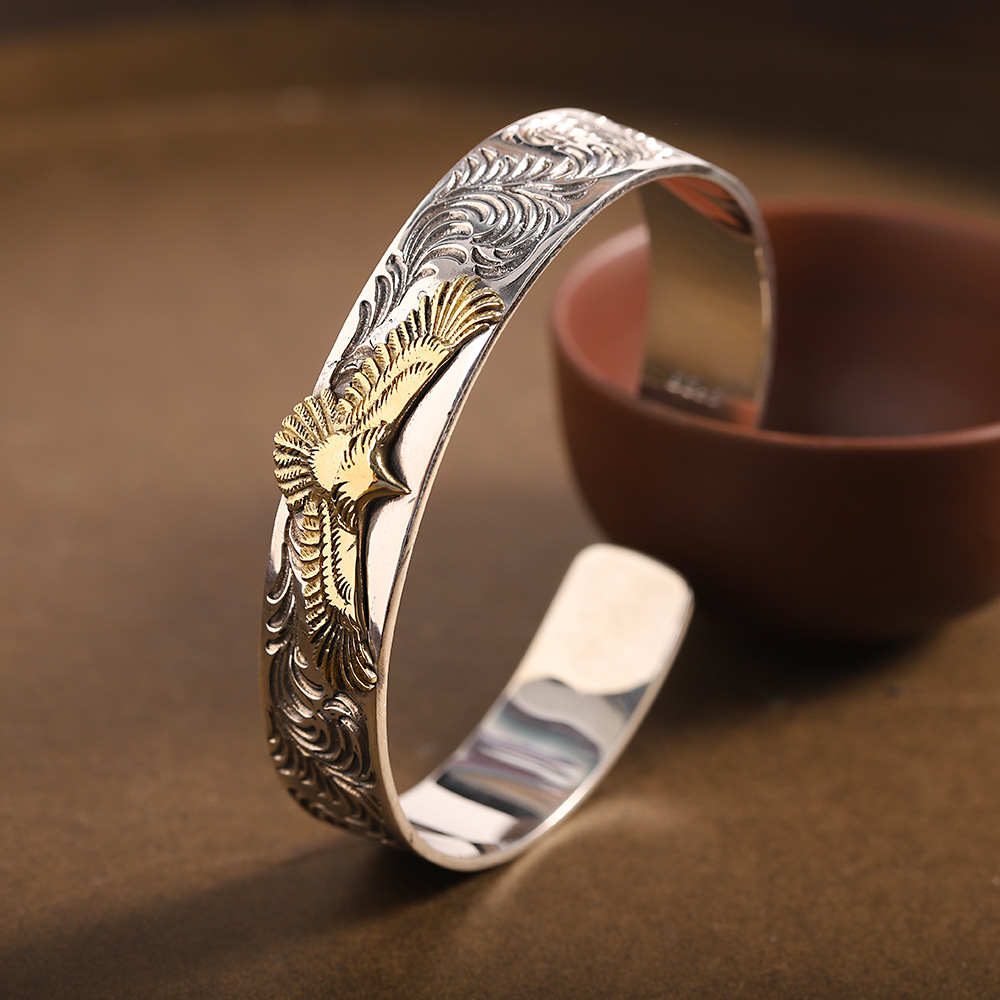 人品银品 s925银雕刻大鹏展翅手镯时尚复古男士开口手镯 源头厂货