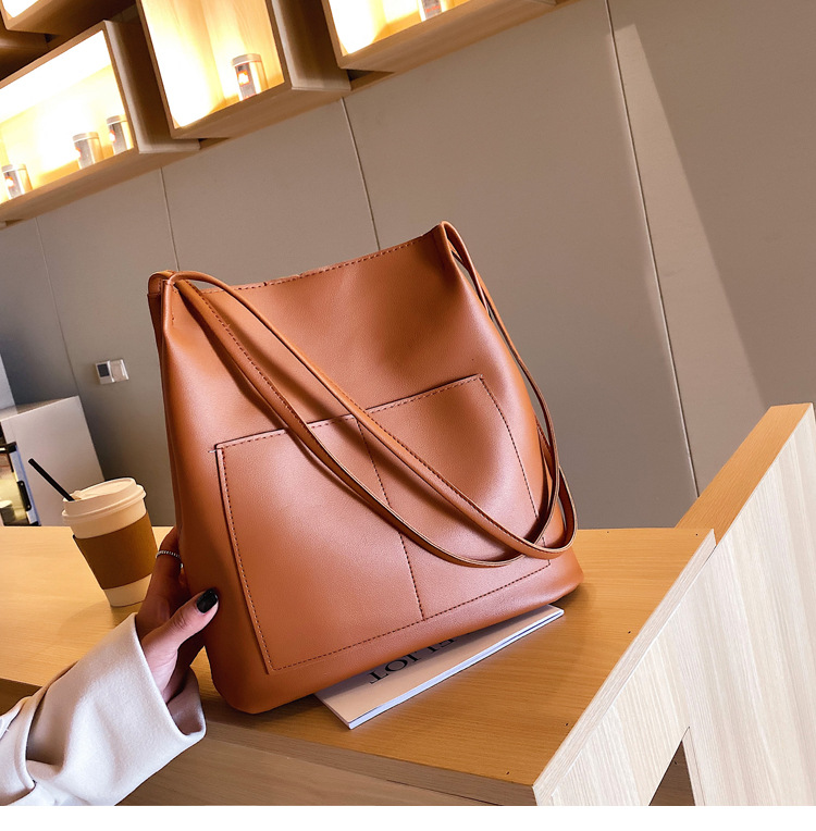 Trendy New Women's Bag Large Bag Korean Style Large-Capacity Bucket Shoulder Bag Retro Textured Simple Handbag Fashion