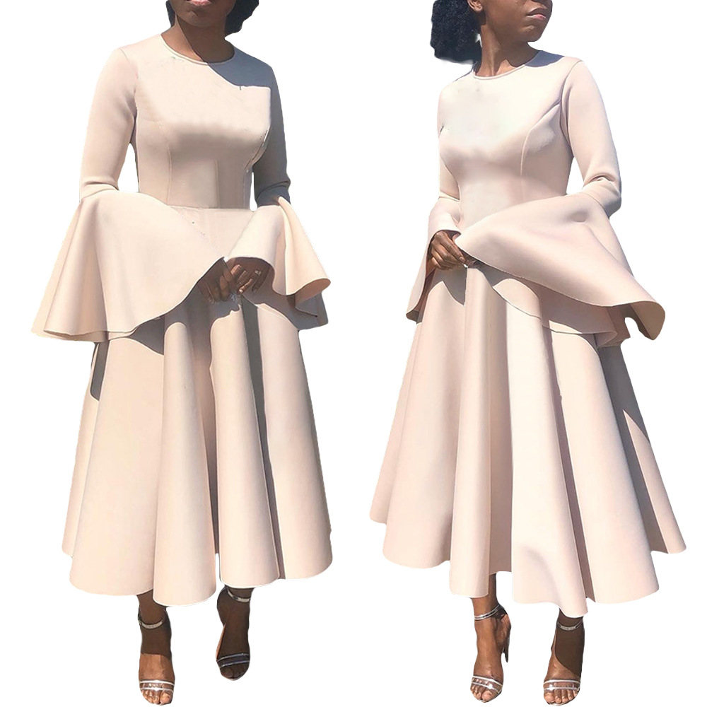 bn306 跨境货源欧美女装 亚马逊新款 秋冬季纯色喇叭袖大摆连衣裙