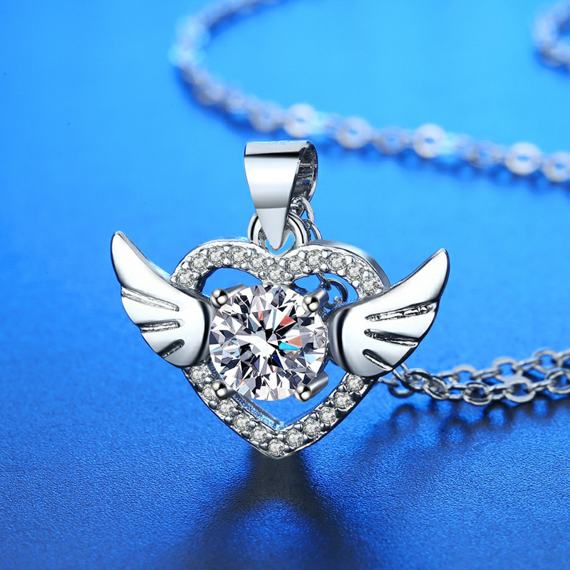 抖音快手直播款式仿莫桑钻天使之翼项链镶钻翅膀心形吊坠厂家直供