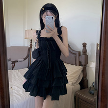 法式黑色吊带连衣裙女2024新款小个子赫本风公主蓬蓬裙小黑裙夏季
