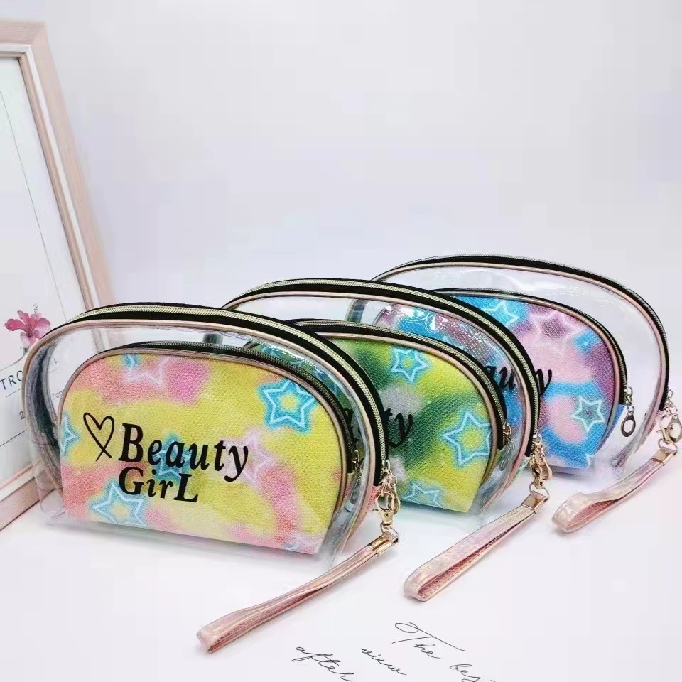 Cross-Border New Arrival Transparent PVC Semicircle Two-Piece Set Cosmetic Bag Female Shell Clutch Washing and Makeup Bag Portable Waterproof Water Resistant Cosmetic Bag Wholesale