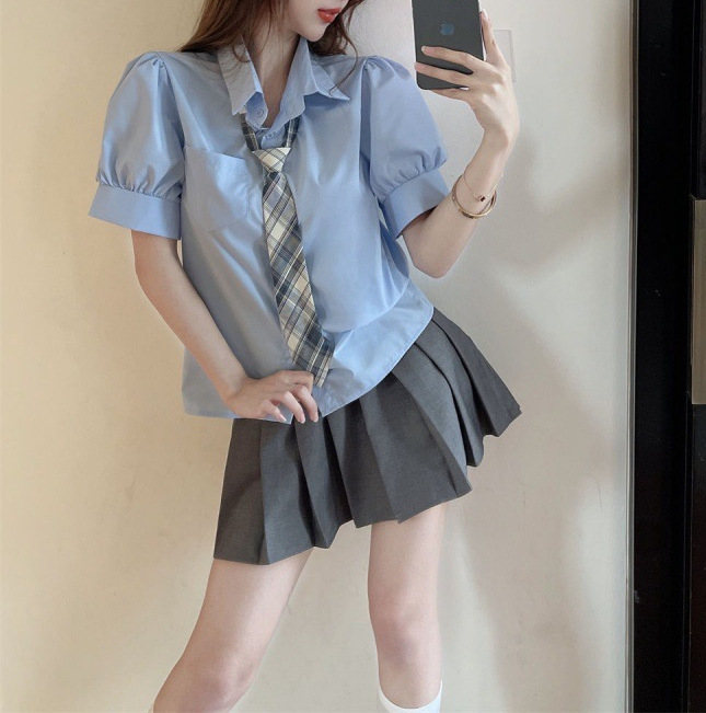 甜美学院风套装裙女夏季新款盐系jk制服蓝色衬衫短袖短裙两件套女