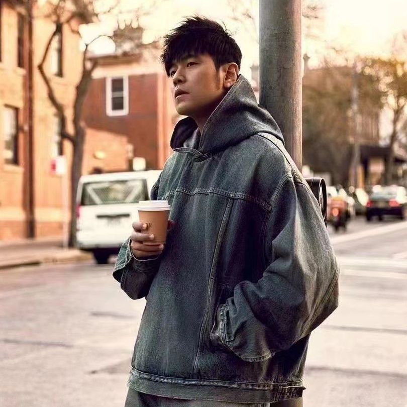 周杰伦同款高版巴黎家破旧连帽牛仔卫衣宽松男女春秋牛仔外套夹克