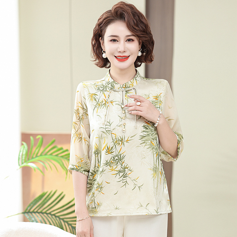 妈妈春夏装中袖衬衫时尚雪纺新中式t恤50岁中老年女夏季短袖上衣