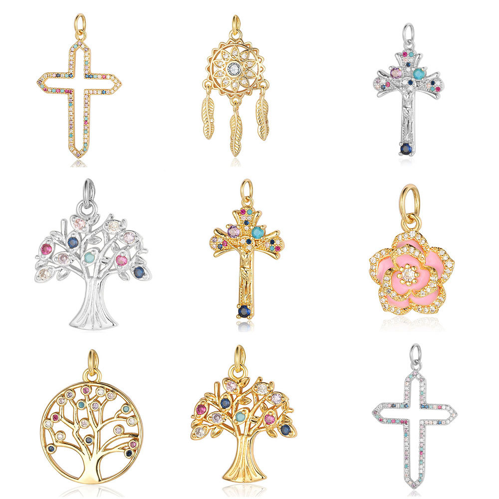 cross copper zircon necklace pendant life tree flower leaf dream catcher jewelry accessories necklace earrings pendant