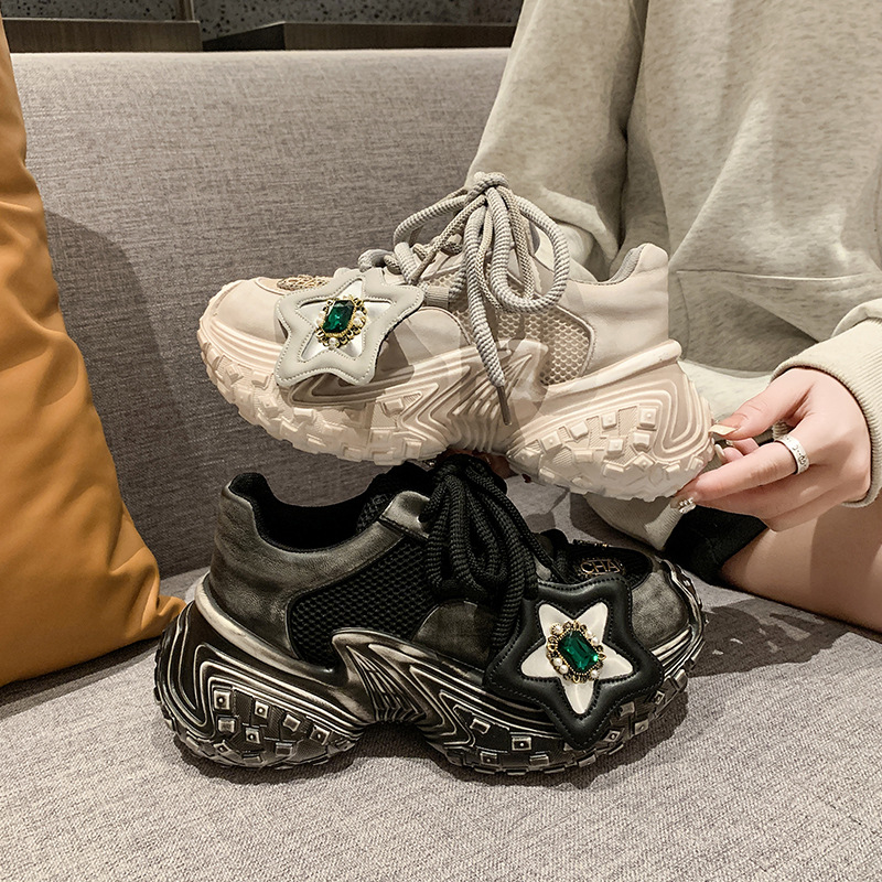 榴莲松糕厚底老爹鞋女2024春季新款五星水钻透气时尚系带增高女鞋
