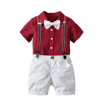 男童宝宝棉格子短袖衬衫背带短裤套装  中小大儿童绅士礼服四件