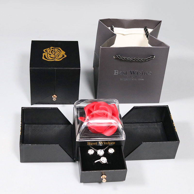 Creative New Black Double Open Rose Gift Box Gilding Drawer Ring Stud Earrings Necklace Pendant Jewelry Box