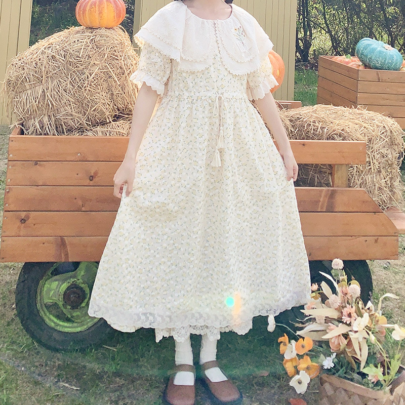 日韩系女装森系少女蕾丝刺绣娃娃领连衣裙夏季可爱甜美收腰裙子女