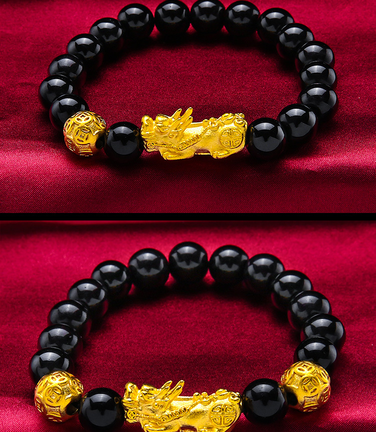 越南沙金貔貅手链仿黄金黑玛瑙招财皮丘佛教首饰情侣款貔貅手串