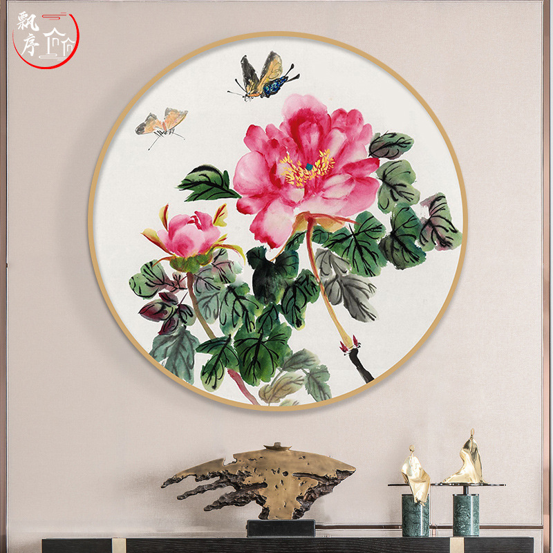 牡丹花新中式圆形水墨客厅背景墙装饰画壁画玄关走廊过道挂画国画