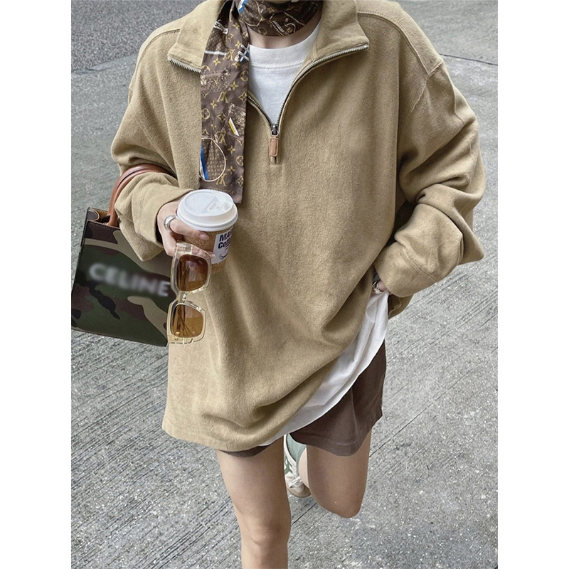 卡其色半拉链polo领卫衣女外套美式复古宽松oversize落肩上衣秋装