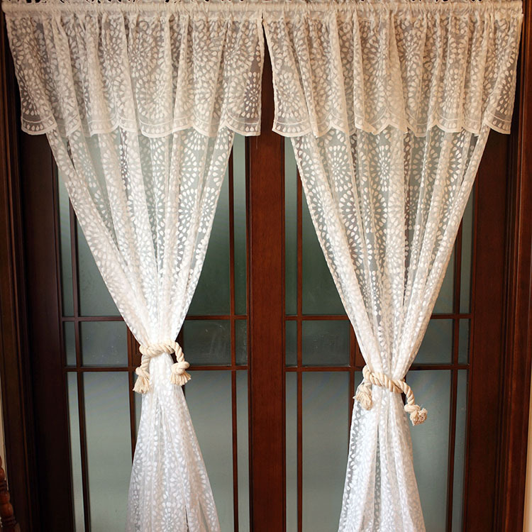 美式乡村法式田园清新蕾丝网纱白沙窗帘 唯美太阳花带帘头窗纱帘