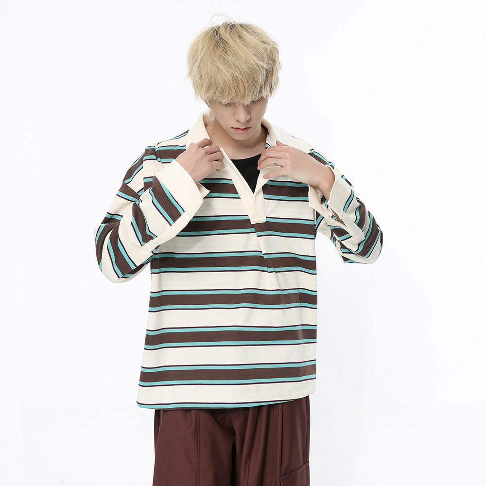 mtlclothes男装|2024春款新品 韩式斜领小众设计条纹撞色休闲上衣