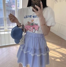 韩国东大门2024夏季新品韩系百搭卡通白色T恤+格子半身裙时尚套装