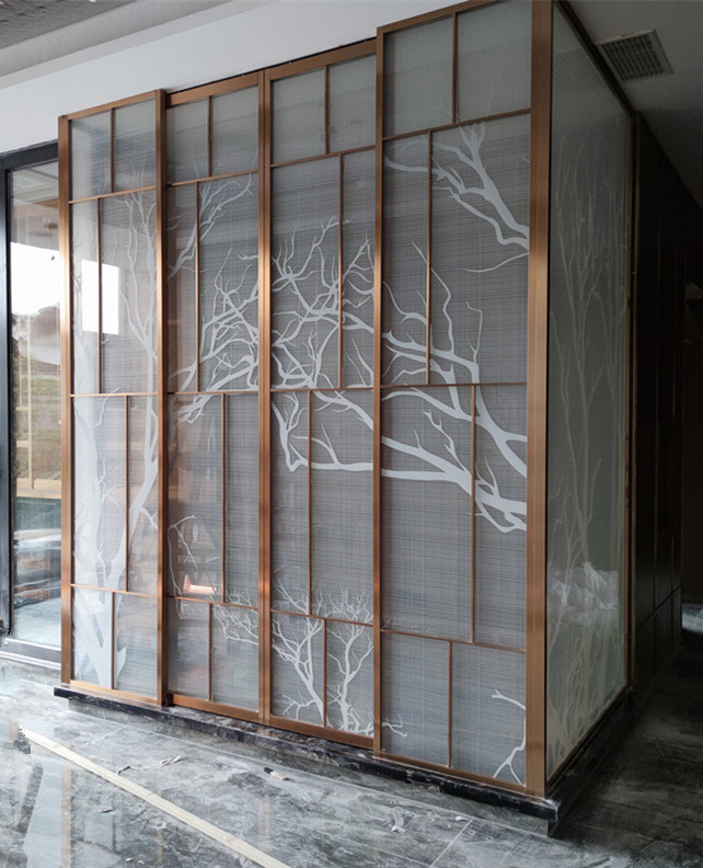 夹丝夹绢隔断屏风玄关轻奢入户极窄钢化推拉门夹胶玻璃防爆