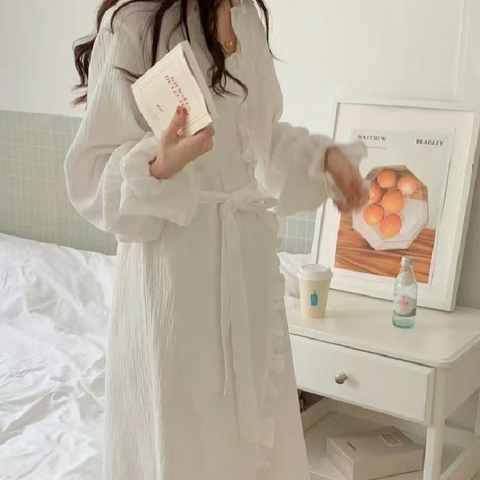 Long Sleeve Nightgown Women's Spring and Autumn Simple Ins Style Solid Color Korean Style Loose and Lazy Style Mid-Length Homewear Skirt