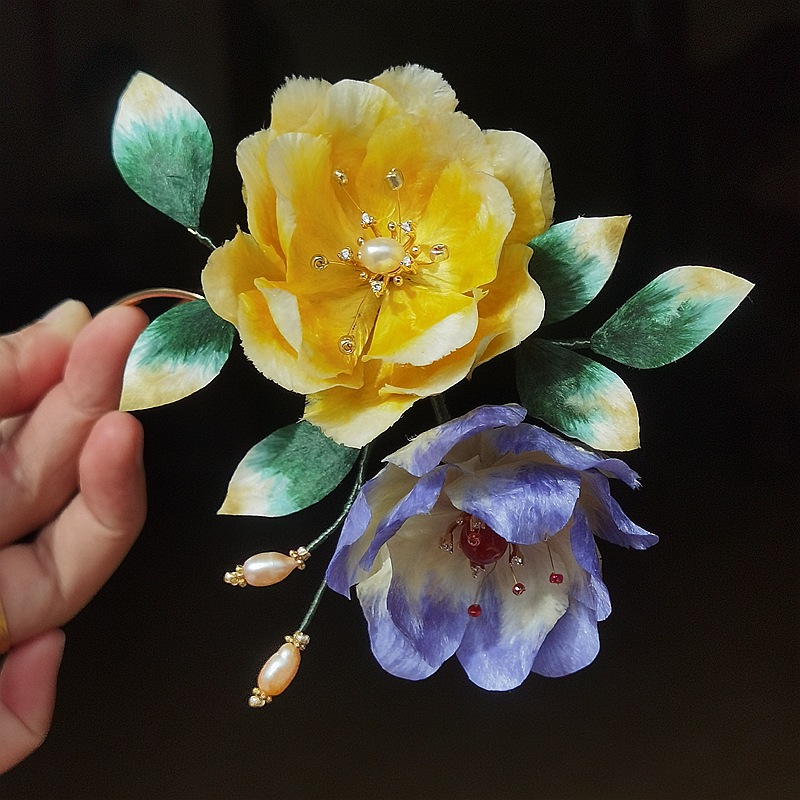 手工非遗双色牡丹蚕丝绒花发簪古风汉服配饰旗袍古典簪子发饰品