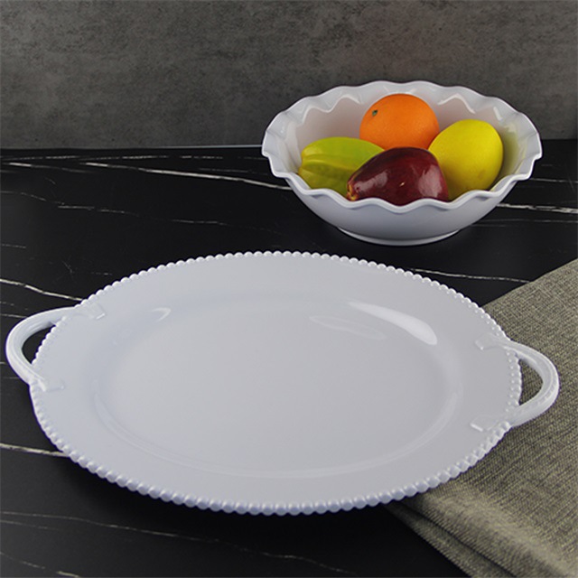 Xubai Melamine Plate Good-looking Binaural Oval Disk Fruit Plate Bead Point Edge Modeling Source Factory Wholesale