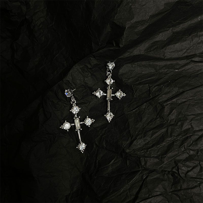 水钻十字架耳环长款女流苏耳饰设计感气质简约耳坠蛇链耳钉网红g