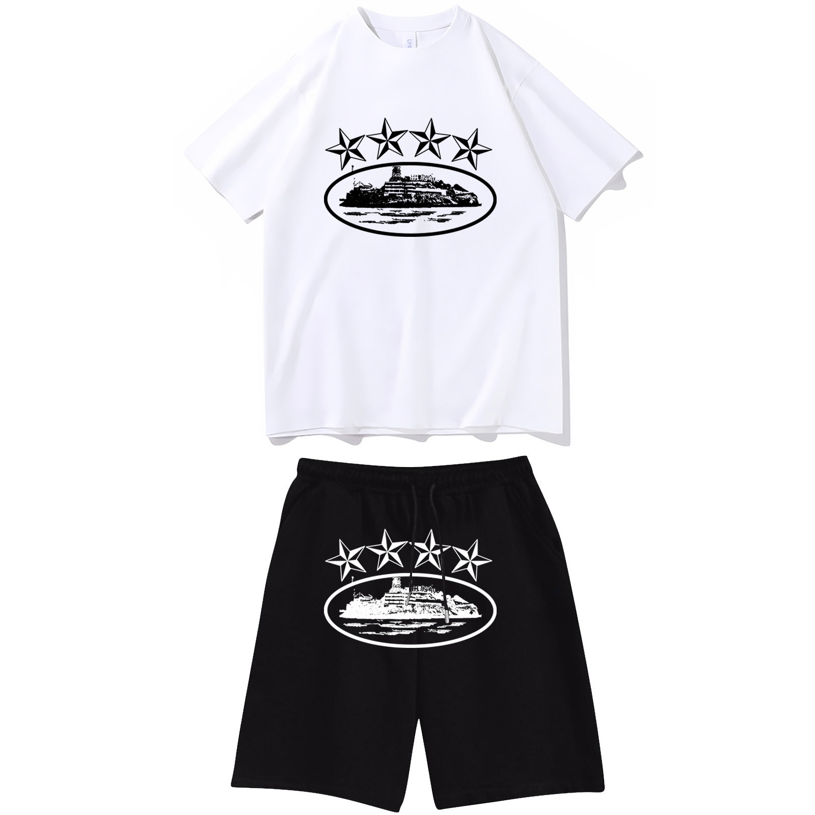 corteiz恶魔岛印花街头男女跨境y2k短袖t恤短裤套装男女跨境货源 图片