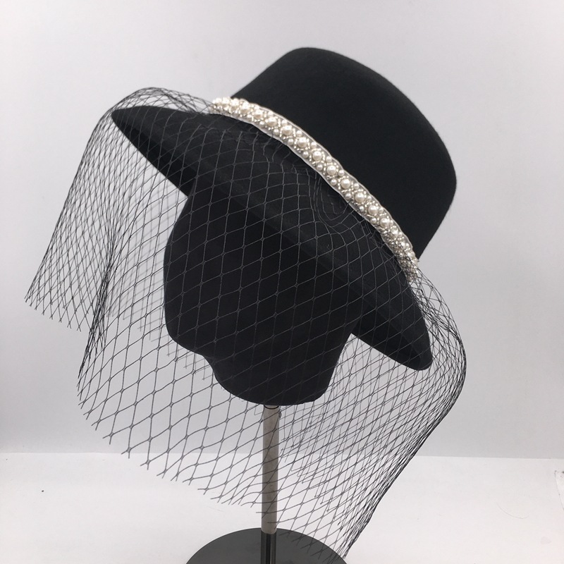 新款法式赫本风礼帽珍珠渔夫帽羊毛呢盆帽黑色面纱婚礼走秀帽气质