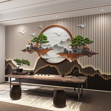 3d立体新中式造型背景墙纸壁画客厅茶室山水装饰感木格栅壁纸
