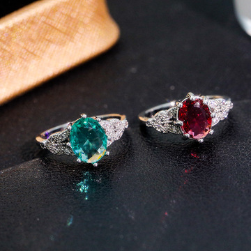 欧美跨境气质奢华铜镶嵌锆石指环祖母绿碧玺彩色红宝石订婚戒指女