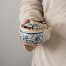 青花米黄汝窑功夫茶具套装家用泡茶壶高档茶杯冲茶盖碗陶瓷公道杯