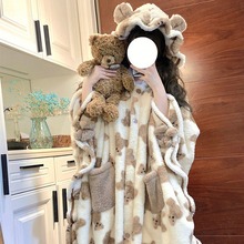 少女可爱小熊珊瑚绒睡衣女冬季2023年新款加厚毛绒睡袍居家服睡裙