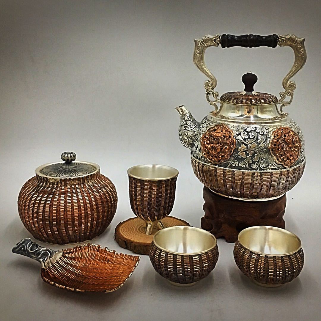 云南鹤庆文彬银器 6件银茶器套装 999银非遗传承人大师作品